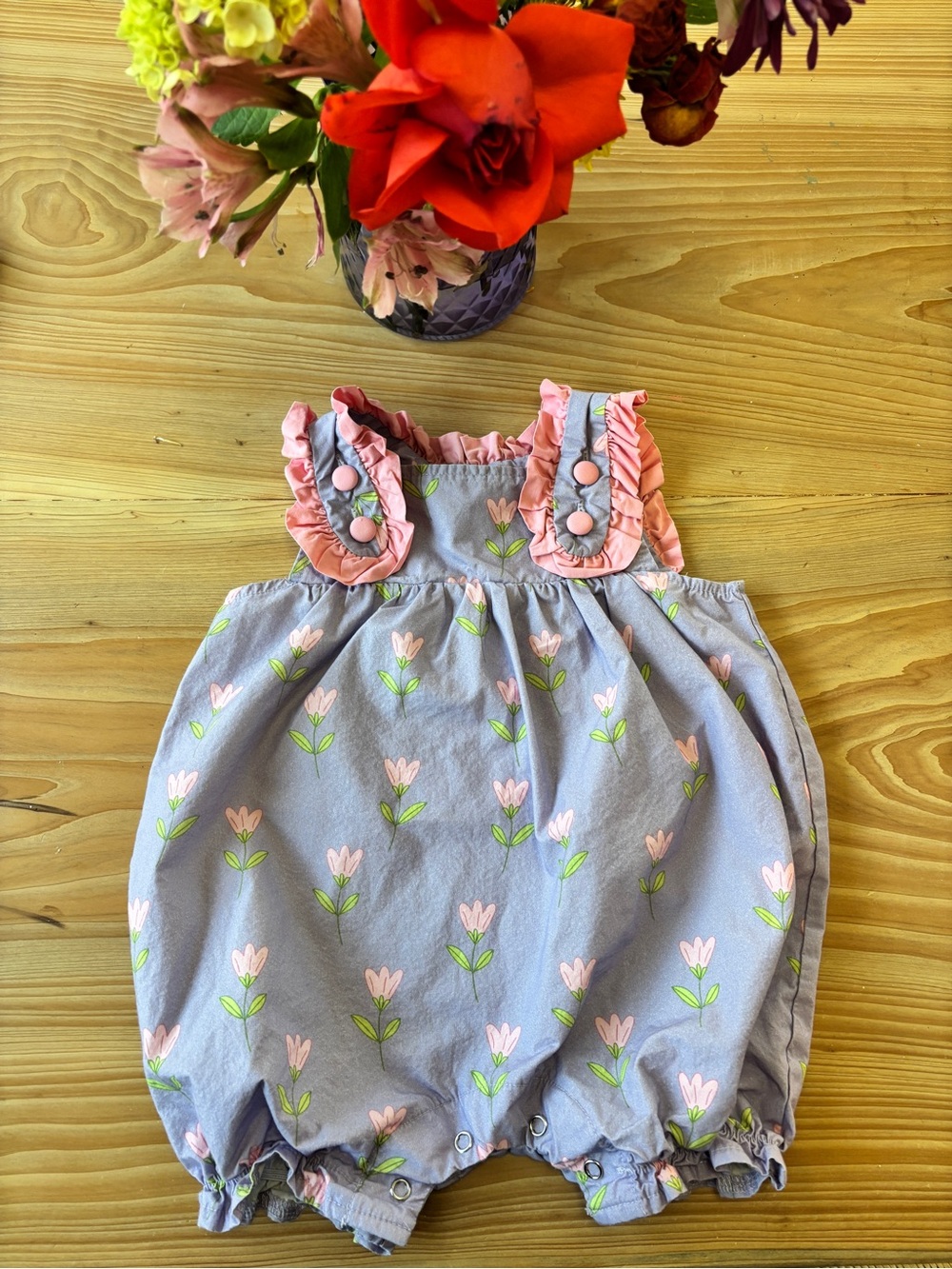 Stitchy Fish Pink & Lavender Floral Ruffled Romper - Brand